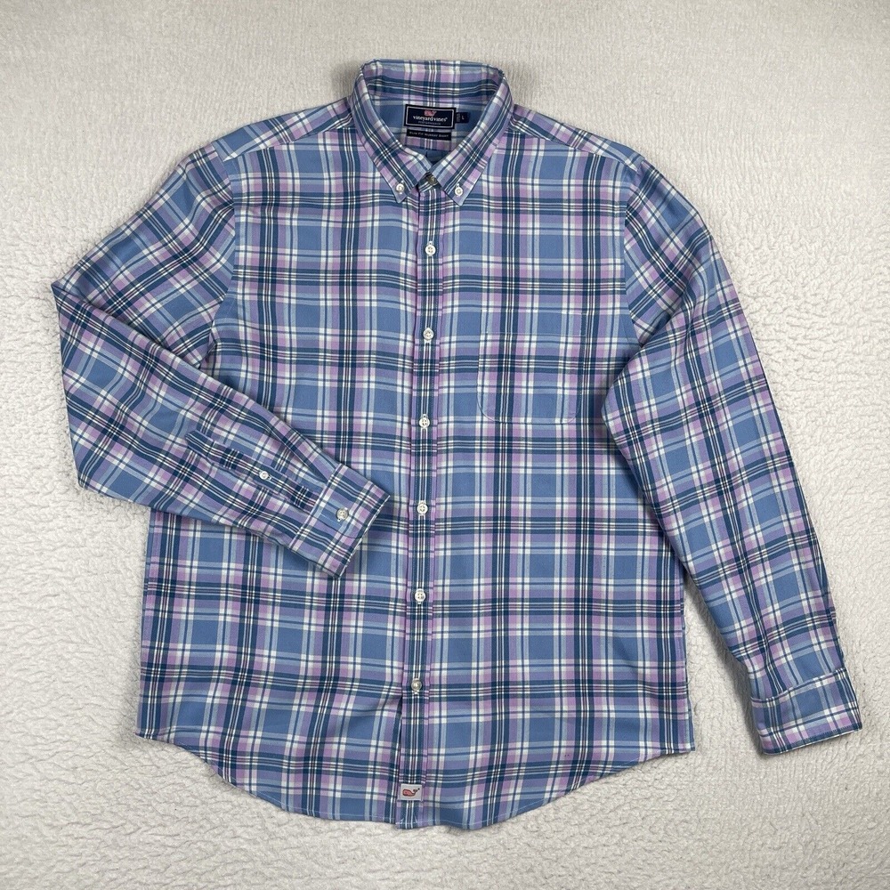 Vineyard Vines Shirt Mens Large Blue Pink Plaid Slim Fit Murray Performance